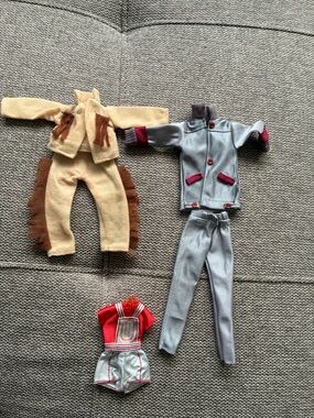 Vintage Doll Outfit Lot - Tan Fringe Jacket + Gray Jacket & Pants + Red Romper